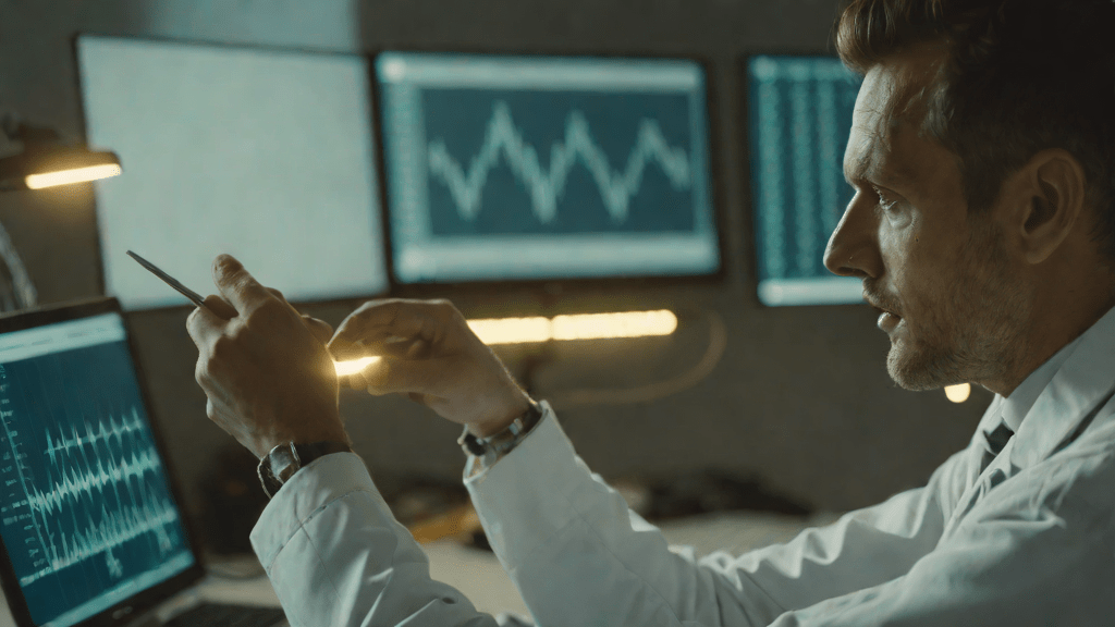 Scientist analyzing audio waveforms in a modern lab, dawn light, professional setting