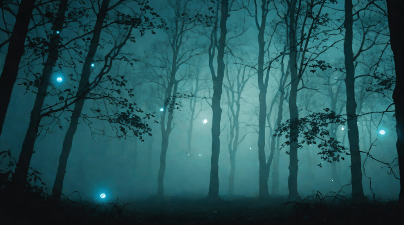 Forest at night with floating glowing orbs, mysterious and otherworldly atmosphere