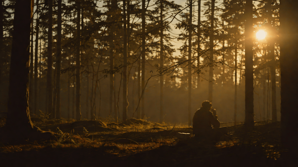 Persona en un bosque rural al amanecer escuchando radio con ruido de fondo