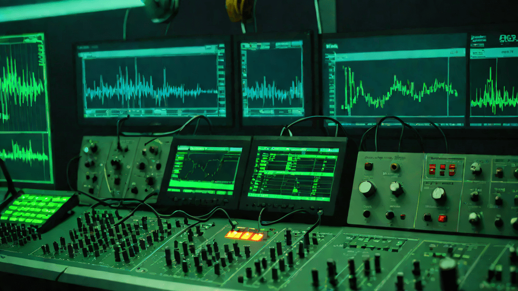 Laboratorio nocturno con pantallas de ondas sonoras y símbolos auditivos