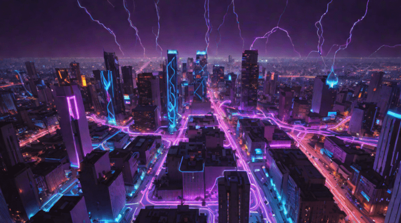 Ciudad futurista con ondas electrónicas flotantes bajo una luz neón