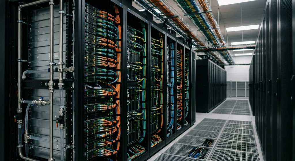 Técnico de espaldas en un centro de datos revisando bastidores de servidores de alta densidad.
