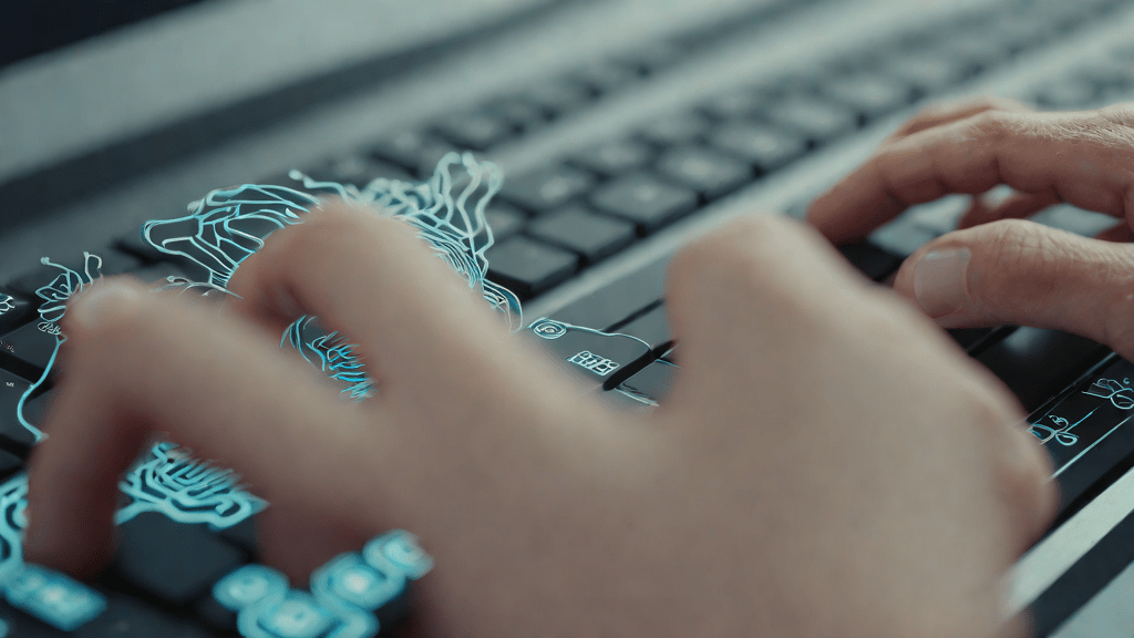 Hands typing with digital circuits forming a brain shape