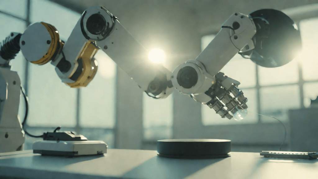 Robot arm placing a data sphere into a scanner in a lab