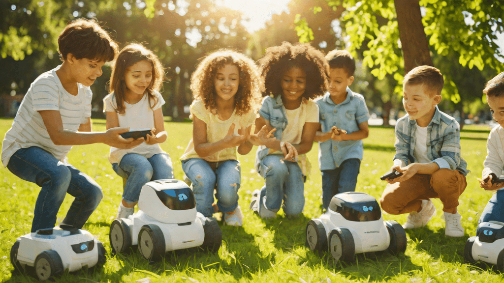 Children playing with responsive smart robots in a park