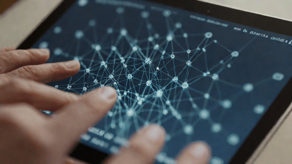 Persona escribiendo en tablet con patrones de red neuronal en pantalla