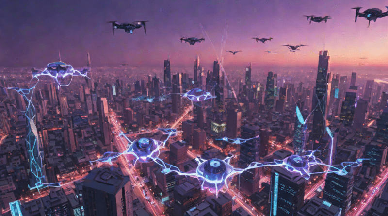 Ciudad futurista al amanecer con drones y hologramas de inteligencia artificial