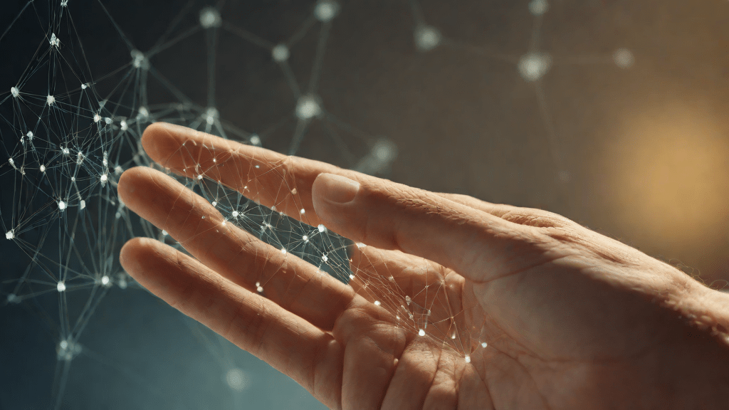 Mano humana tocando un diagrama de red neuronal brillante