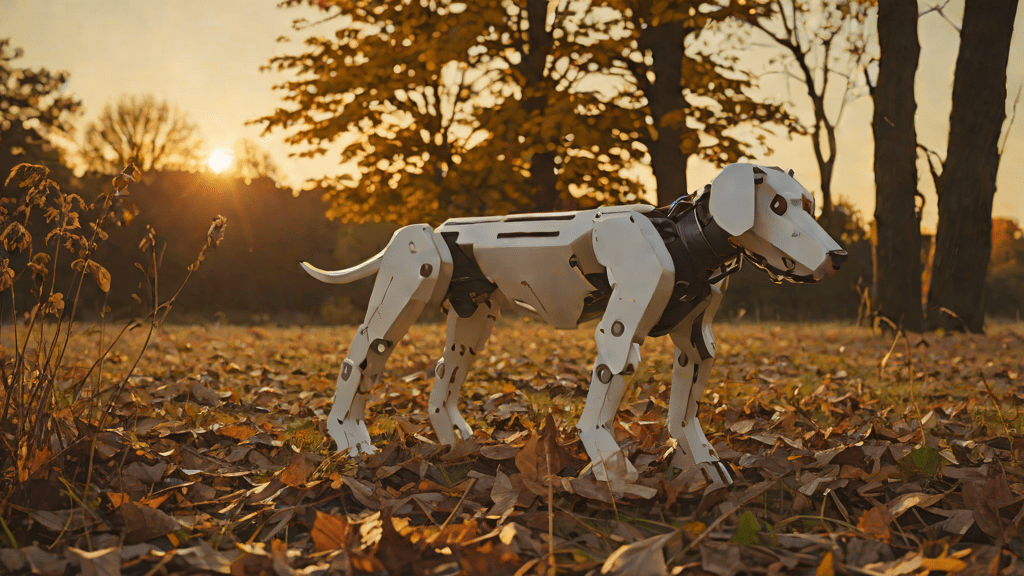 Perro robótico caminando por un campo de otoño al atardecer