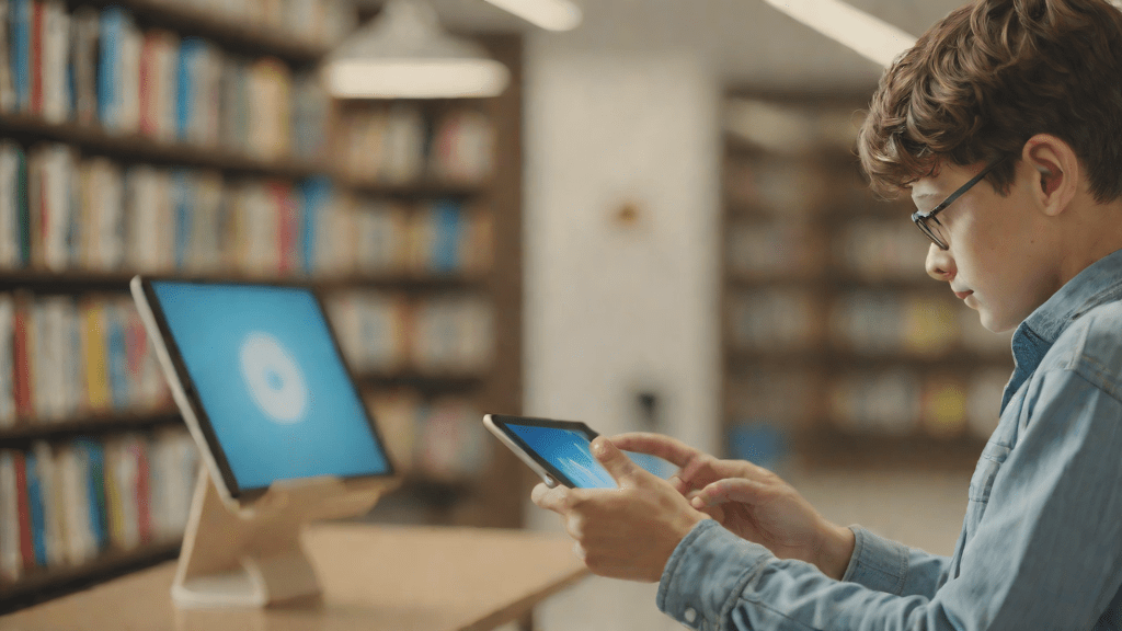 Estudiante usando tablet con tutor inteligente en biblioteca