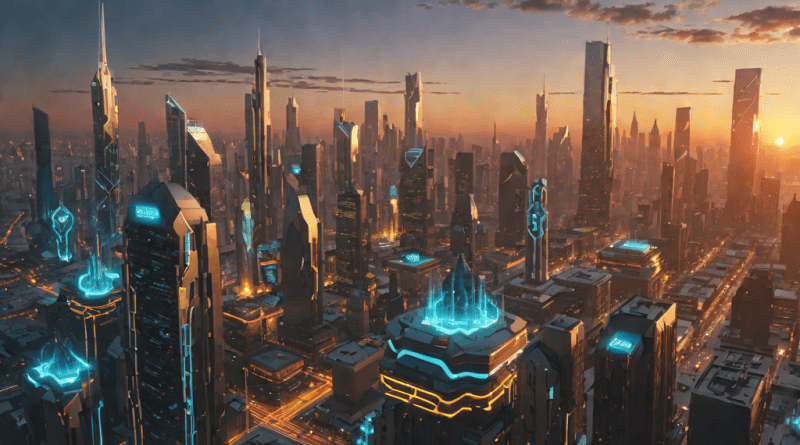 Ciudad futurista al amanecer con nubes de datos holográficos