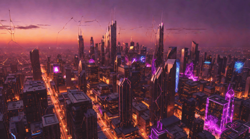 Futuristic city with glowing AI networks in the sky at sunset