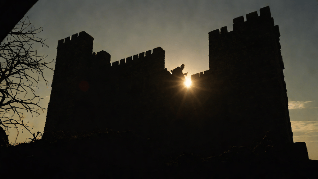Castillo abandonado al amanecer con figura fantasmal en silueta
