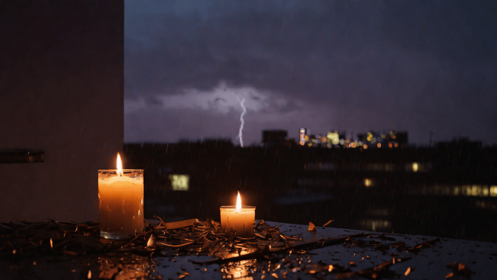 Techado urbano durante una tormenta con vela encendida y ventana rotada