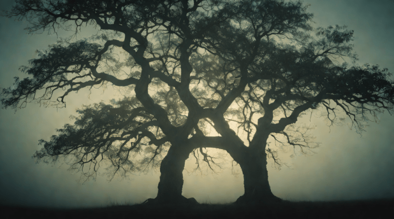 Bosque neblinoso con árbol antiguo brillando al atardecer