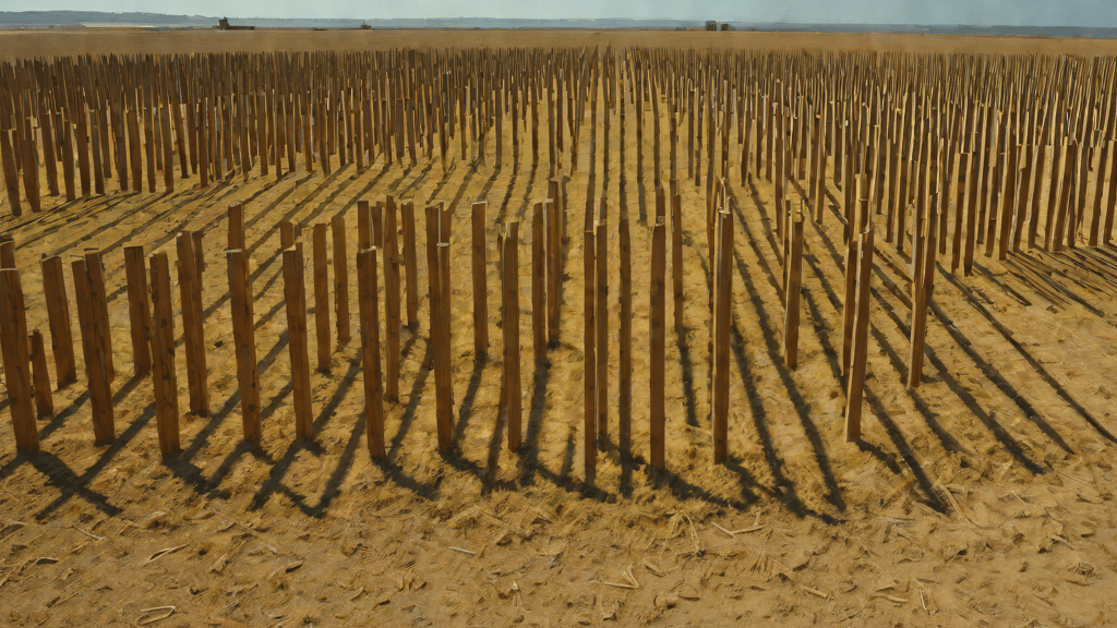 Campo con postes en fila que simulan una red gráfica de datos