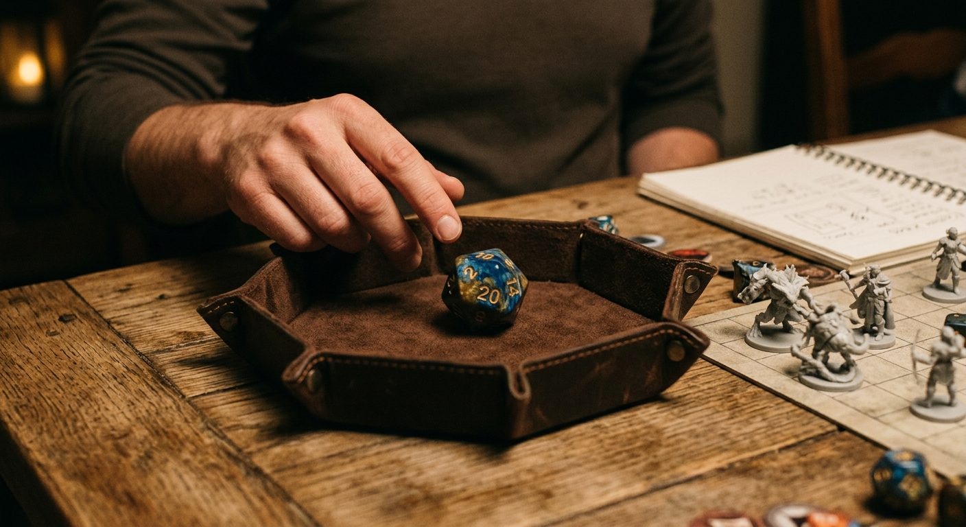 Manos de un director de juego tirando un dado de veinte caras en una bandeja junto a figuras en la mesa.