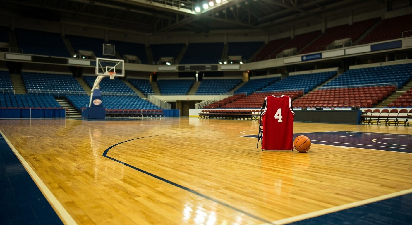 Jugador de baloncesto en la posición de base señalando una jugada táctica sobre la cancha.