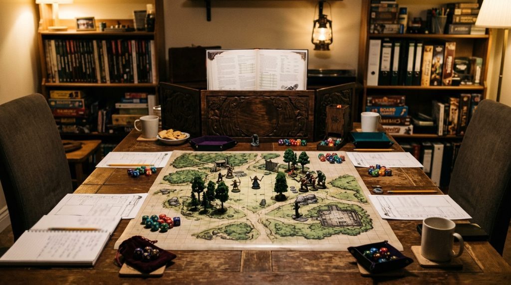 Partida de rol de mesa con el director de juego tras una pantalla y jugadores alrededor de la mesa con dados.