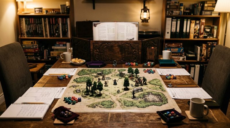 Partida de rol de mesa con el director de juego tras una pantalla y jugadores alrededor de la mesa con dados.