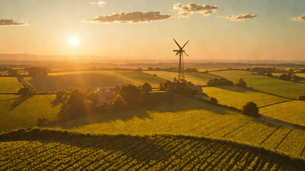 Sunlit farm during golden hour with windmill and open fields