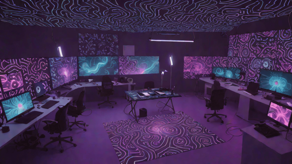 Nighttime digital art studio filled with glowing AI interface screens