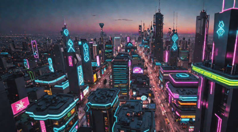 Futuristic city skyline at night with neon lights and drones, cyberpunk style