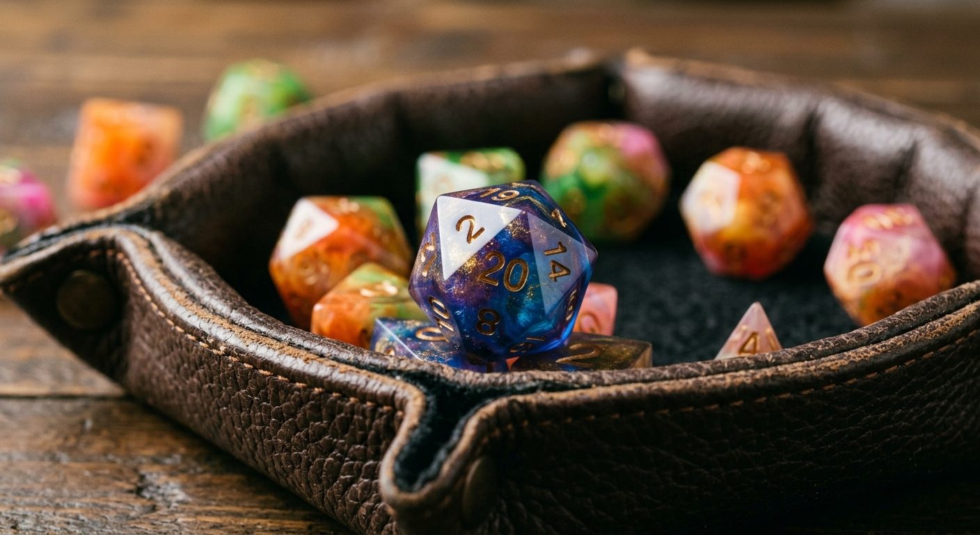 Juego de dados poliédricos de rol reposando sobre una bandeja de cuero.
