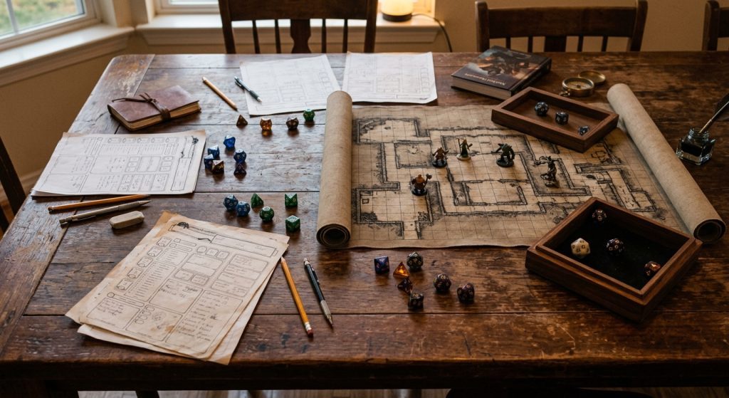 Mesa de juego de rol con dados poliédricos, fichas de personaje y lápices bajo una luz cálida.