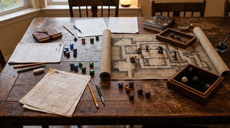 Mesa de juego de rol con dados poliédricos, fichas de personaje y lápices bajo una luz cálida.