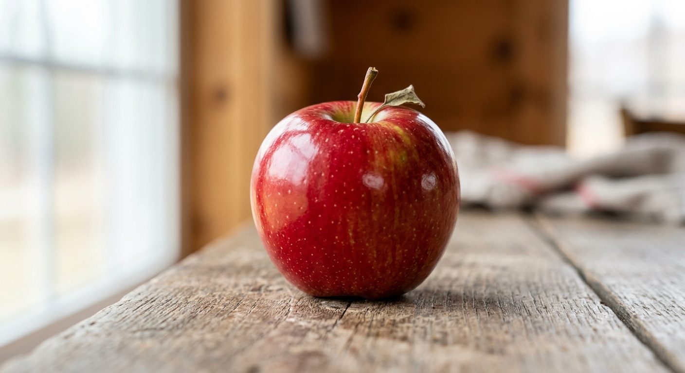 Una manzana roja fresca fotografiada de cerca, objeto mencionado como ejemplo en el texto.