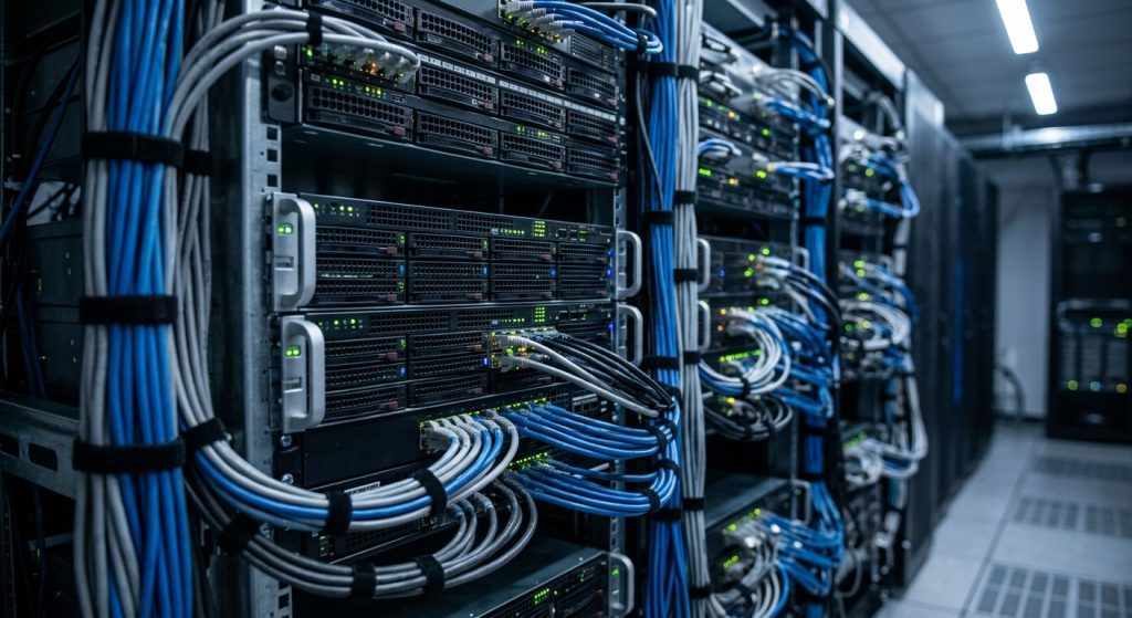 Filas de servidores iluminados con cables ordenados en el interior de un centro de datos.