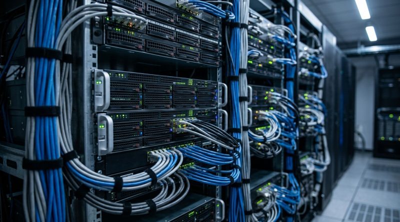 Filas de servidores iluminados con cables ordenados en el interior de un centro de datos.