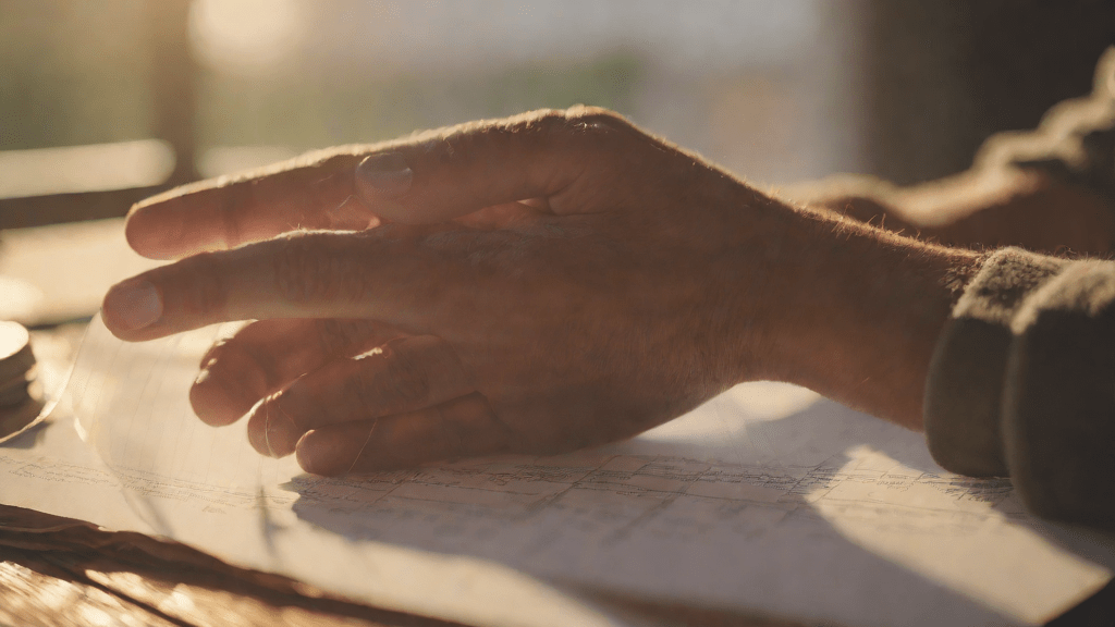 Hands interacting with a transparent digital document in natural light