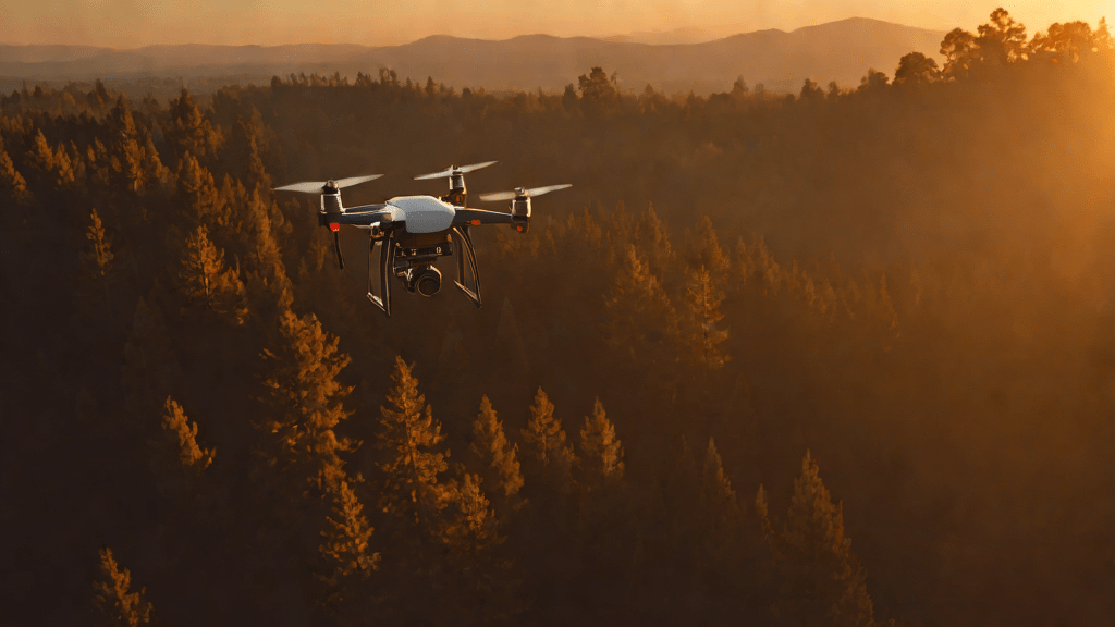 AI drone hovering over a sunset forest landscape