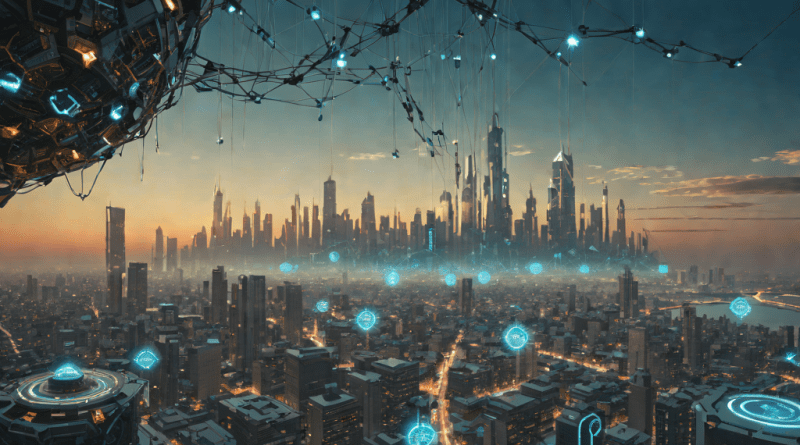 Futuristic city skyline with glowing AI data networks at dawn