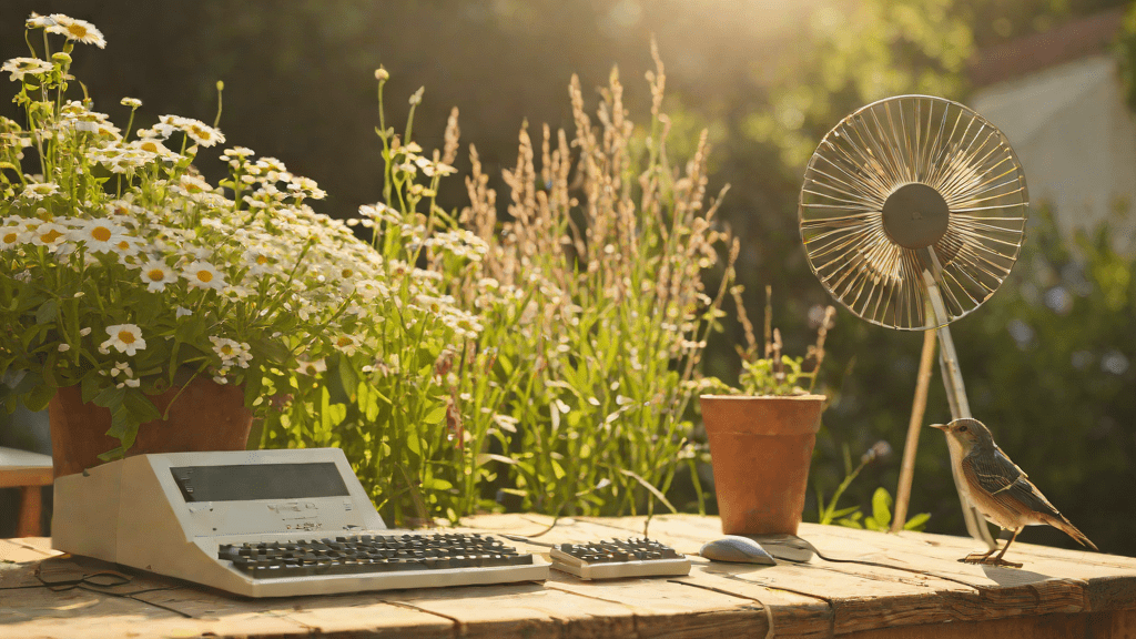PC con ventilador en jardín al amanecer