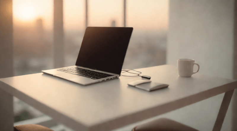 Teclado mecánico en una mesa de trabajo al amanecer