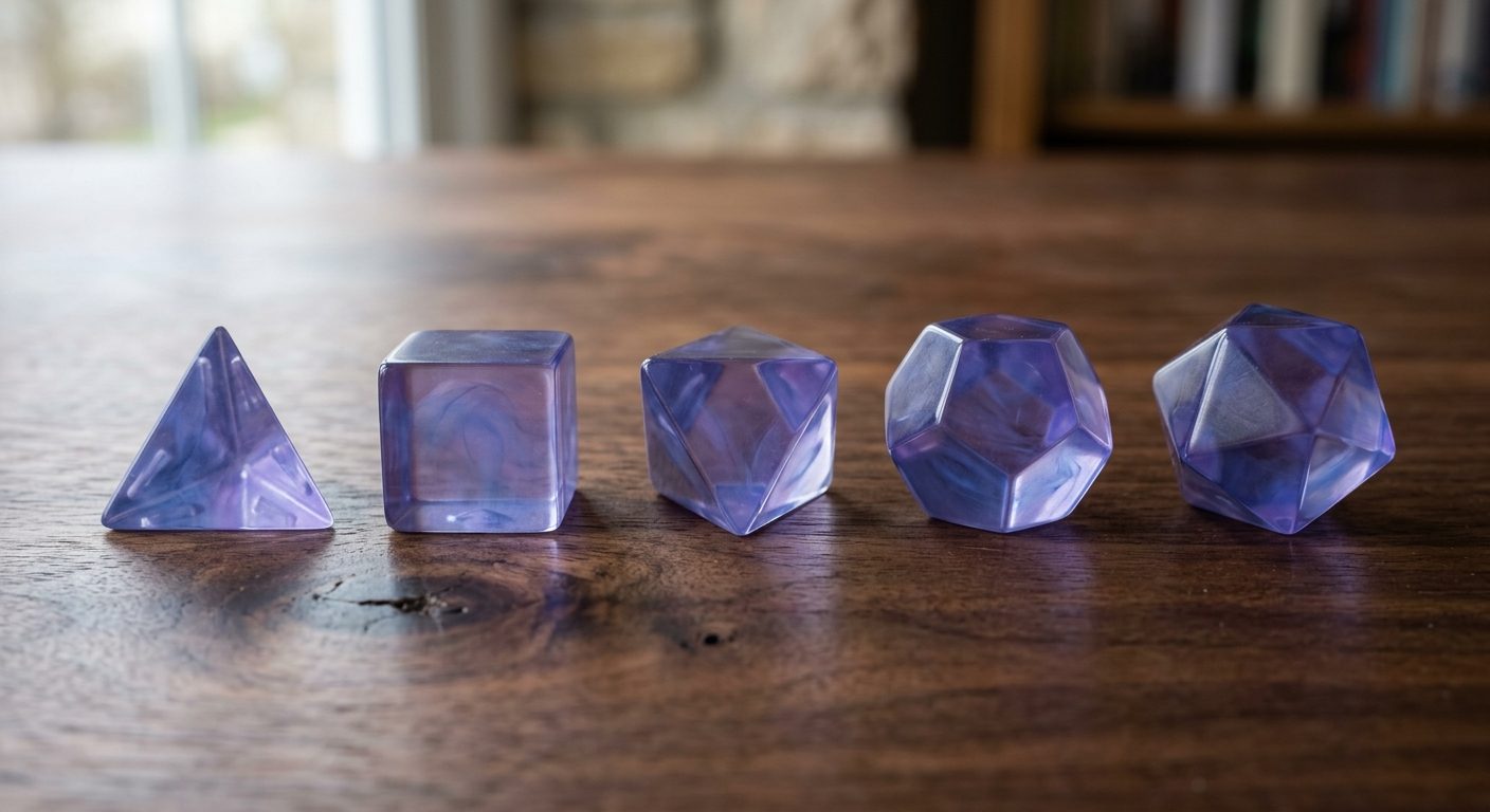 Los cinco dados poliédricos correspondientes a los sólidos platónicos alineados sobre una mesa de madera.