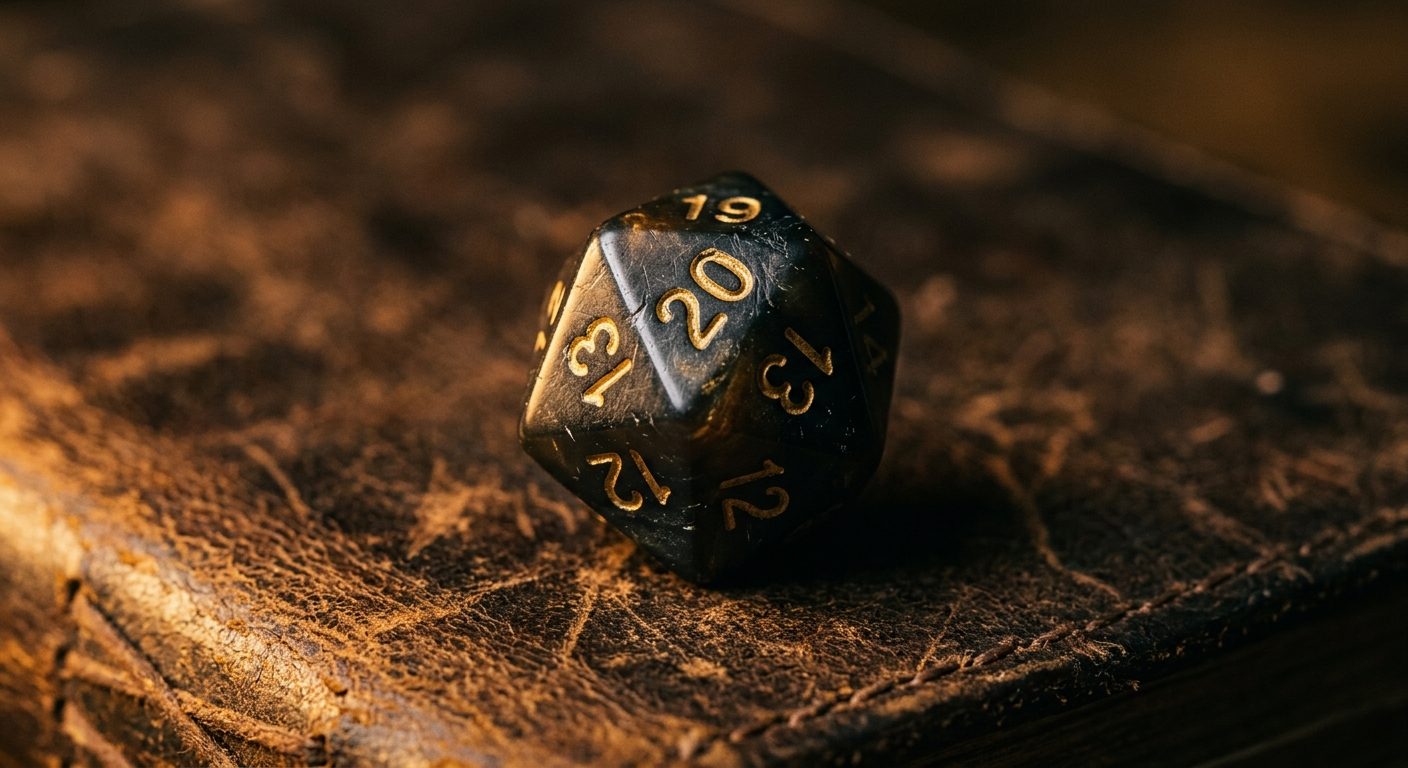 Primer plano de un dado de 20 caras (d20) apoyado sobre un cuaderno de cuero en una mesa de juego.