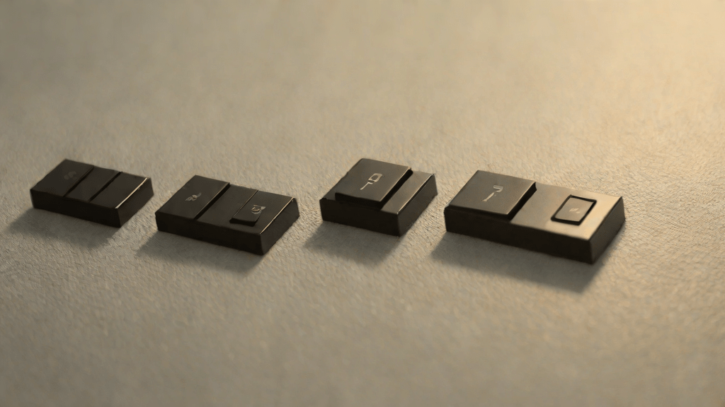 Tres familias de switches teclado con texturas distintas en plano