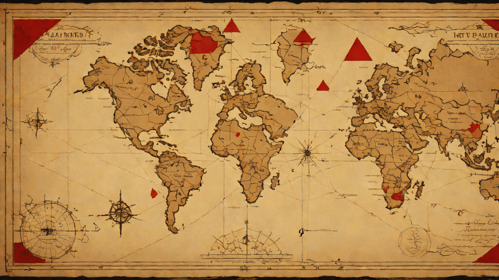 Mapa antiguo del océano con triángulo de las Bermudas en color rojo brillante