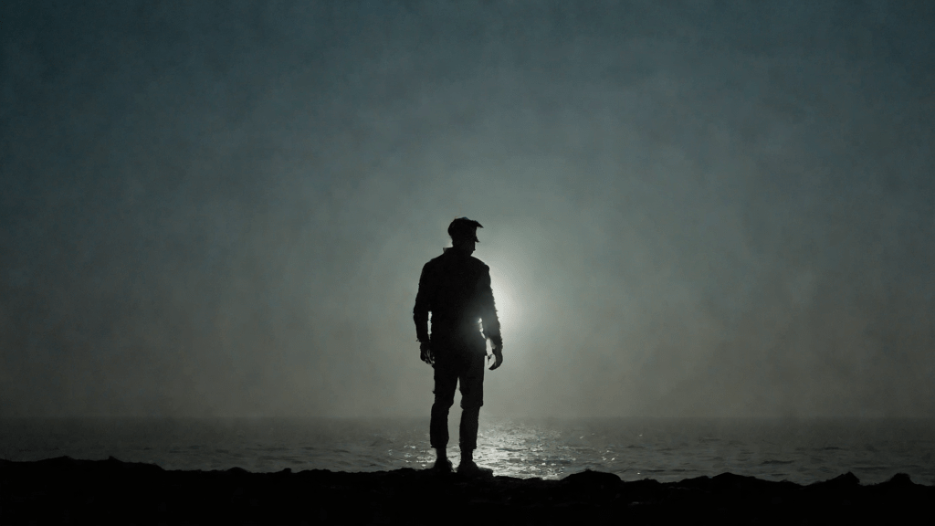Mariner en la orilla frente al océano durante la noche en estado de espera