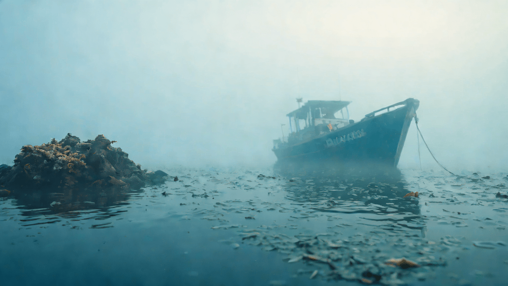Barco de pesca hundiéndose en niebla matutina cerca de un arrecife