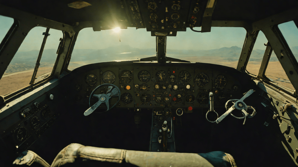 Cohete de avión de la década de 1960 con instrumentos encendidos en luz tenue