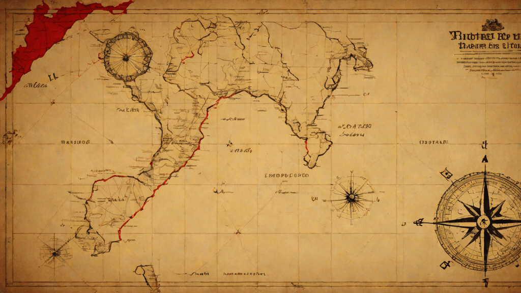 Mapa histórico del triángulo con líneas rojas y brújula antigua