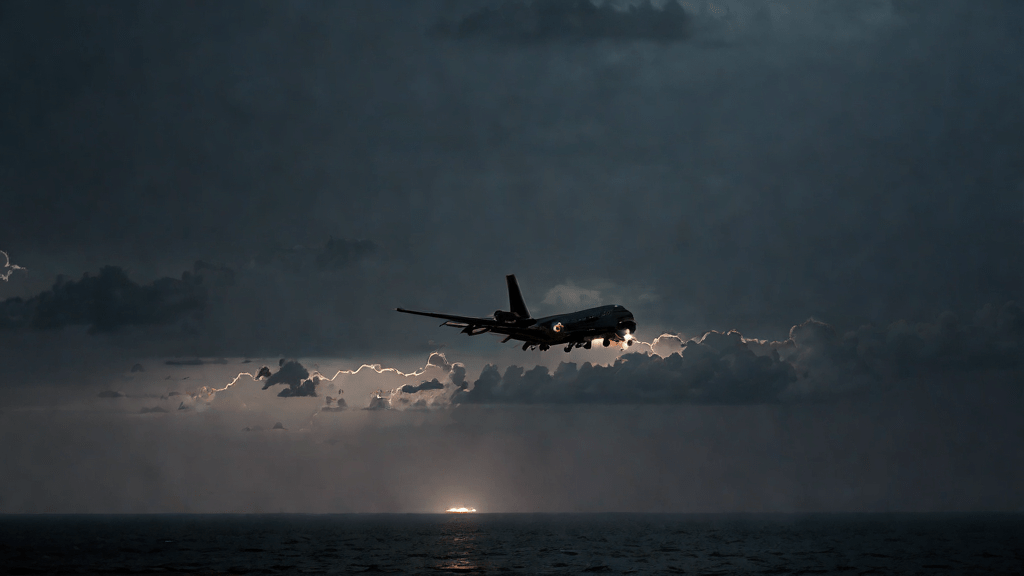 Avión nocturno sobre el mar en condiciones de tormenta