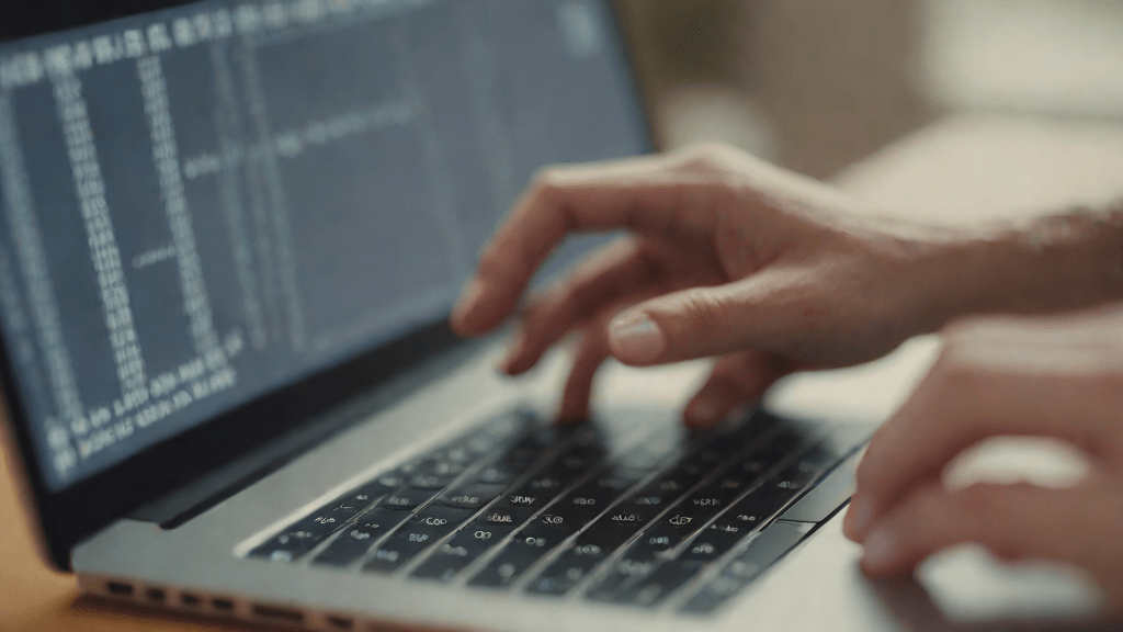 Manos analizando texto en una pantalla de laptop al mediodía