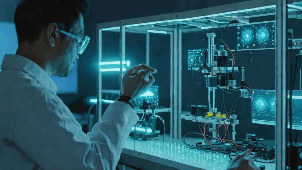 Científico en laboratorio de noche revisando un detector de IA