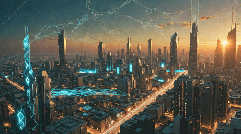 Ciudad futurista al amanecer con flujos de datos luminosos